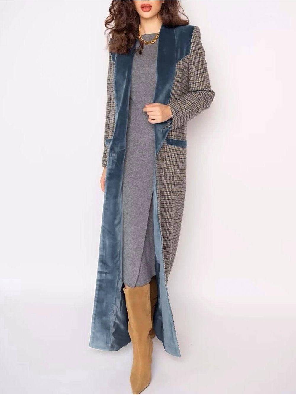 Long Plaid Duster with Blue Velvet Trim